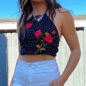 Volcom Backless Cross Strap Floral Polka Dot Tie Open back Halter Tank Top Cami